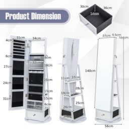 Costway Floor Standing Swivel Jewelry Cabinet Lockable Jewelry Armoire w/ FullLength Mirror &Lights in White - thumbnail 2