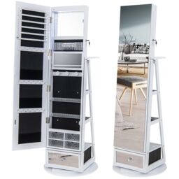 Costway Floor Standing Swivel Jewelry Cabinet Lockable Jewelry Armoire w/ FullLength Mirror &Lights in White - thumbnail 4