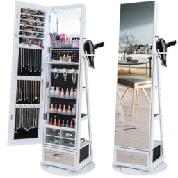 Costway Floor Standing Swivel Jewelry Cabinet Lockable Jewelry Armoire w/ FullLength Mirror &Lights in White - thumbnail 1