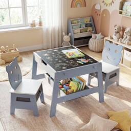 CASART Kids Table &2 Chairs Set Wooden Activity Table w/Double-sized Tabletop in Grey - thumbnail 9