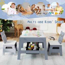 CASART Kids Table &2 Chairs Set Wooden Activity Table w/Double-sized Tabletop in Grey - thumbnail 8