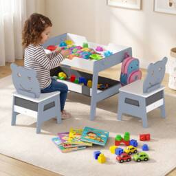 CASART Kids Table &2 Chairs Set Wooden Activity Table w/Double-sized Tabletop in Grey