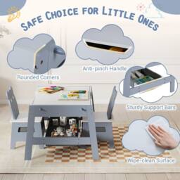 CASART Kids Table &2 Chairs Set Wooden Activity Table w/Double-sized Tabletop in Grey - thumbnail 5