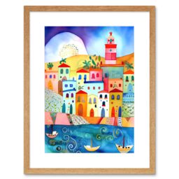 "Artery8 Wall Art Print Tunisia Seaside Town Folk Artwork Framed 9X7 Inch in Beige - Size: W7"" x H9""" - thumbnail 1