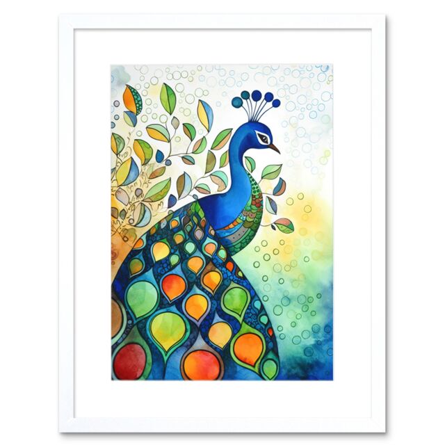 "Artery8 Wall Art Print Peacock Bird Folk Art Watercolour Painting Artwork Framed 9X7 Inch in White - Size: W7"" x H9""" - image 1
