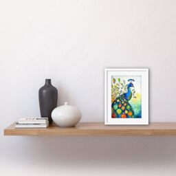 "Artery8 Wall Art Print Peacock Bird Folk Art Watercolour Painting Artwork Framed 9X7 Inch in White - Size: W7"" x H9""" - thumbnail 2