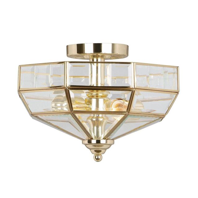 Netlighting Old Park 2 Light Semi Flush Ceiling Light Polished Brass E27 in Yellow