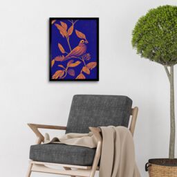 "Artery8 Wall Art Print Vintage Art Nouveau Pattern Detail Tropical Bird On Branch Linocut Art Framed in Black - Size: W12"" x H16""" - thumbnail 2