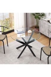 Living and Home Round Dining Table with Metal Black Legs