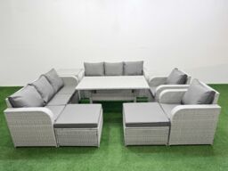 Fimous PE Rattan High Back Lounge Sofa Set Patio Rectangular Dining Table & Chairs Set w/ 3 Seater Sofa Reclining Chair 2 Big Footstool Side Table - thumbnail 2