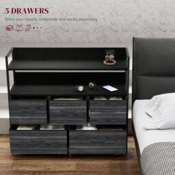 HOMCOM Bedroom Chest of Drawers 5 Drawer Dresser w/ Shelves, Black - thumbnail 4