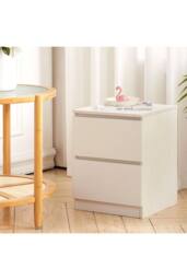 Living and Home Wooden Nightstand Bedside Table with 2 Drawers in White - thumbnail 2