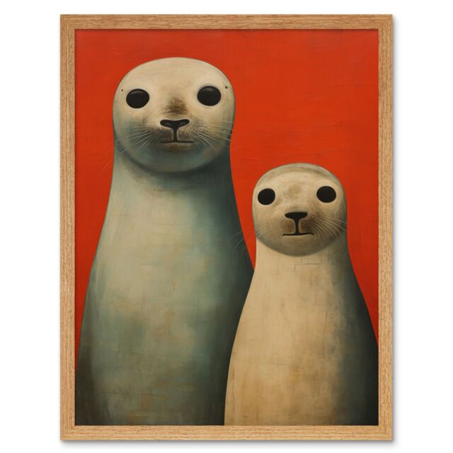 "Artery8 Wall Art Print Seal Pups Portrait White Cream On Red Crimson Coral Detailed Oil Painting Art Framed in Light Oak - Size: W12"" x H16""" - image 1