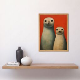 "Artery8 Wall Art Print Seal Pups Portrait White Cream On Red Crimson Coral Detailed Oil Painting Art Framed in Light Oak - Size: W12"" x H16""" - thumbnail 2