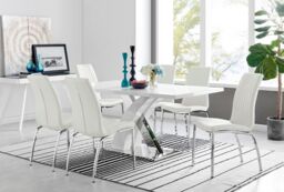 FurnitureboxUK Atlanta Modern Rectangle Chrome Metal High Gloss White Dining Table & 6 Isco Chairs Set in Off-White