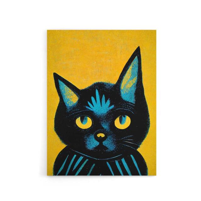 "Artery8 Quirky Black Cat Canvas Wall Art Print in Yellow - Size: W18"" x H24""" - image 1