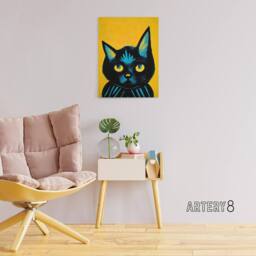 "Artery8 Quirky Black Cat Canvas Wall Art Print in Yellow - Size: W18"" x H24""" - thumbnail 3