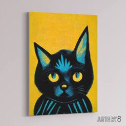 "Artery8 Quirky Black Cat Canvas Wall Art Print in Yellow - Size: W18"" x H24""" - thumbnail 2