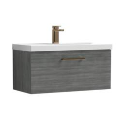 Balterley 800mm Wall Hung 1 Drawer Vanity, Woodgrain Anthracite, Bronze Handle in Grey - thumbnail 1