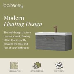 Balterley 800mm Wall Hung 1 Drawer Vanity, Woodgrain Anthracite, Bronze Handle in Grey - thumbnail 2