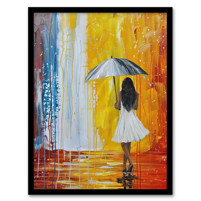 Artery8 Woman with Umbrella in Rainbow Rain Modern Art Framed Art Print - Size: A4 - image 1