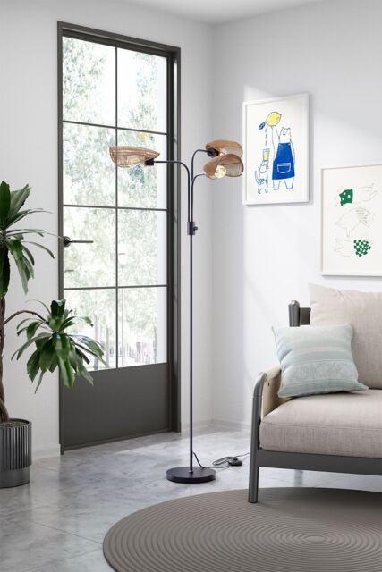 H&O Direct Paper Rope String-Wrapped Lampshade 3-Light Floor Lamp in Black - image 1