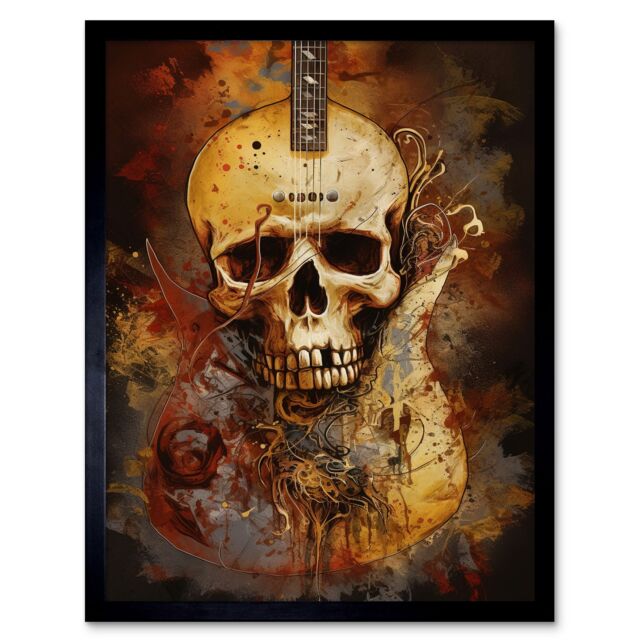 "Artery8 Wall Art Print Skull Electric Guitar Death Metal Music Modern Concept Art Painting Art Framed in Black - Size: W12"" x H16""" - image 1