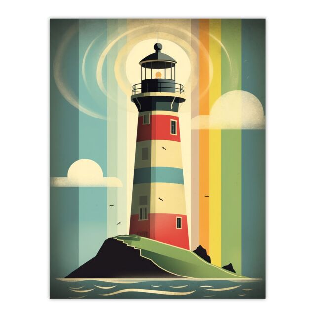 "Artery8 Modern Stylised Lighthouse Flat Style Multicoloured Seascape Illustration Extra Large XL Wall Art Poster Print - Size: W24"" x H32""" - image 1