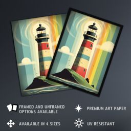"Artery8 Modern Stylised Lighthouse Flat Style Multicoloured Seascape Illustration Extra Large XL Wall Art Poster Print - Size: W24"" x H32""" - thumbnail 2