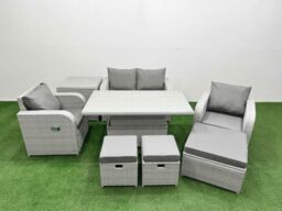 Fimous Light Grey PE Wicker Rattan Garden Furniture Set Sofa Set Reclining Chair Adjustable Lifting Dining or Coffee Table 7 Seater 3 Stools Side - thumbnail 1