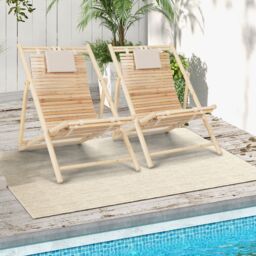 Costway Outdoor Adjustable Sling Chair Reclining Lounger with 3 Adjustable Positions & Cushioned Headrest in Natural - thumbnail 3