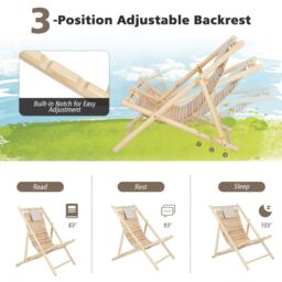 Costway Outdoor Adjustable Sling Chair Reclining Lounger with 3 Adjustable Positions & Cushioned Headrest in Natural - thumbnail 6