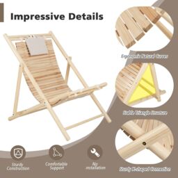 Costway Outdoor Adjustable Sling Chair Reclining Lounger with 3 Adjustable Positions & Cushioned Headrest in Natural - thumbnail 5