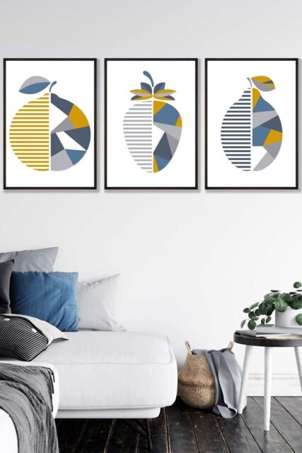 ARTZE Set of 3 Black Framed Geometric Fruit Strawberry Blue Yellow Wall Art in Mid Blue - Size: W33 cm x H45 cm x D20mm - image 1