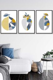 ARTZE Set of 3 Black Framed Geometric Fruit Strawberry Blue Yellow Wall Art in Mid Blue - Size: W33 cm x H45 cm x D20mm - thumbnail 1