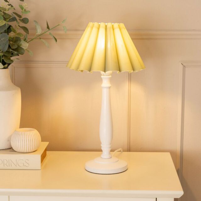 ValueLights Victoria White Wood Candlestick Stem Table Lamp with Scallop Tapered Lamp Shade in Pale Green - image 1