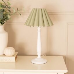 ValueLights Victoria White Wood Candlestick Stem Table Lamp with Scallop Tapered Lamp Shade in Pale Green - thumbnail 3