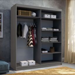 MN Furniture High Gloss Sliding Mirror Wardrobe-LED Light W200cmxH200cm in Grey - thumbnail 2