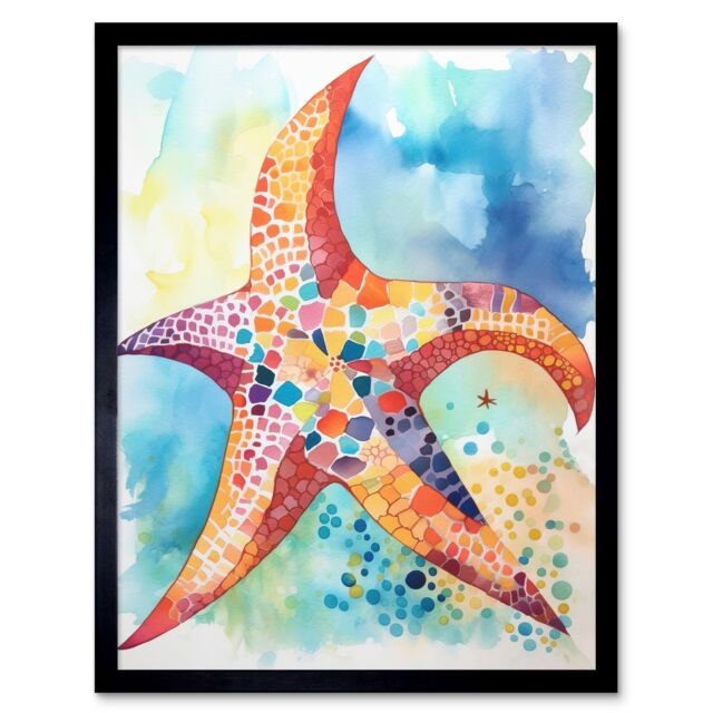 "Artery8 Wall Art Print Abstract Mosaic Starfish Folk Art Framed in Black - Size: W12"" x H16""" - image 1