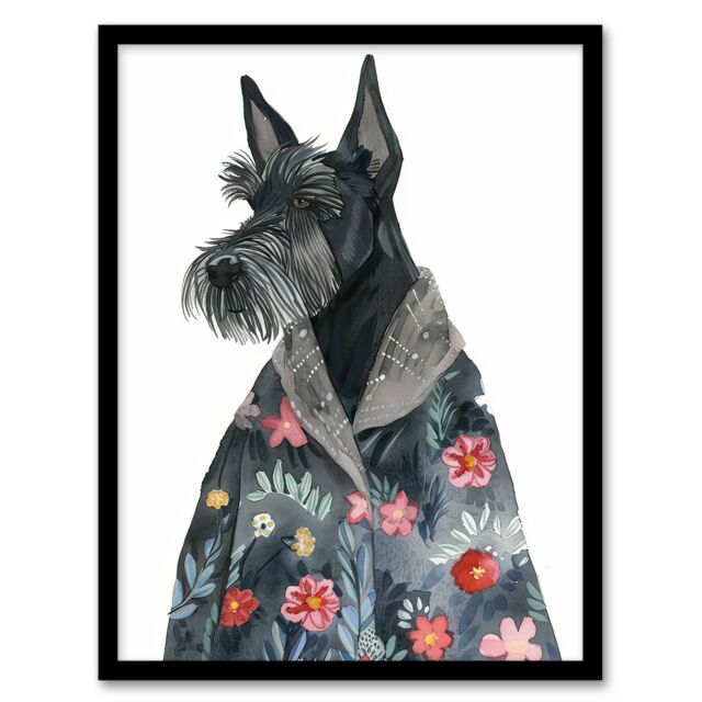 "Artery8 Dog Lover Scottish Terrier With Floral Kimono Framed Wall Art in Dark Grey - Size: W12"" x H16""" - image 1