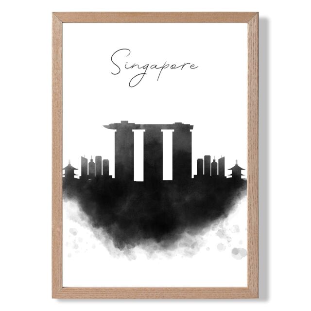 ARTZE Singapore Watercolour Skyline City Framed Print SIZE: A3 with Oak Frame in Black - Size: A4 - image 1