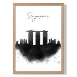 ARTZE Singapore Watercolour Skyline City Framed Print SIZE: A3 with Oak Frame in Black - Size: A4 - thumbnail 1