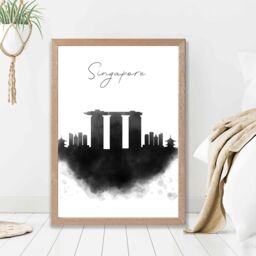 ARTZE Singapore Watercolour Skyline City Framed Print SIZE: A3 with Oak Frame in Black - Size: A4 - thumbnail 2