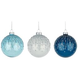 Shatchi Christmas Glass Baubles 12pcs Set - 8cm Blue & White Ornaments with 3 Stylish Assorted Designs in Bright Blue - thumbnail 5
