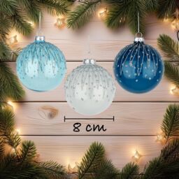 Shatchi Christmas Glass Baubles 12pcs Set - 8cm Blue & White Ornaments with 3 Stylish Assorted Designs in Bright Blue - thumbnail 2