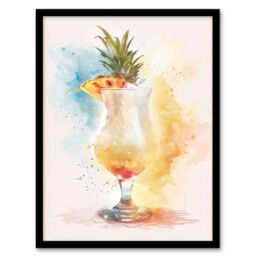 "Artery8 Pina Colada Pineapple Slice Cocktail Watercolour Framed Art Print in Yellow - Size: W12"" x H16""" - thumbnail 1