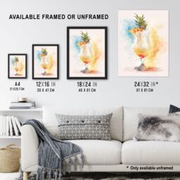 "Artery8 Pina Colada Pineapple Slice Cocktail Watercolour Framed Art Print in Yellow - Size: W12"" x H16""" - thumbnail 3