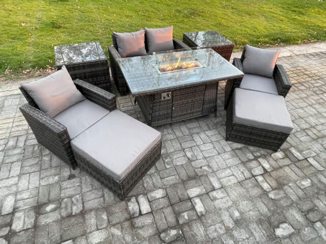Fimous Outdoor Garden Dining Sets 6 Seater Rattan Patio Furniture Sofa Set with Gas Firepit Table 2 Side Tables in Dark Grey