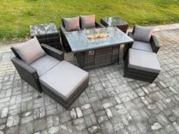 Fimous Outdoor Garden Dining Sets 6 Seater Rattan Patio Furniture Sofa Set with Gas Firepit Table 2 Side Tables in Dark Grey - thumbnail 1