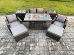 Fimous Outdoor Garden Dining Sets 6 Seater Rattan Patio Furniture Sofa Set with Gas Firepit Table 2 Side Tables in Dark Grey - thumbnail 2
